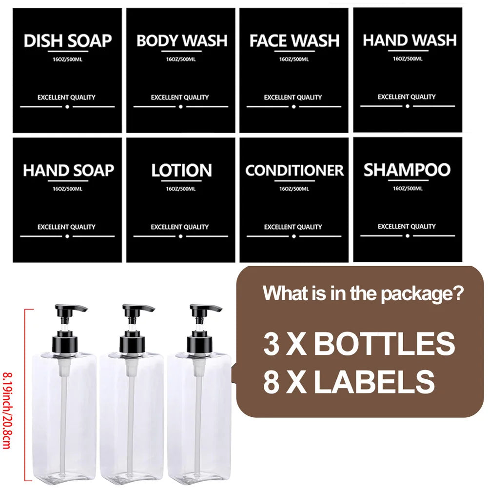 3 Piece 500ml Square Soap Dispenser Waterproof Labels Refillable Empty Bottle Hand Soap Liquid Lotion Shampoo Conditioner Container