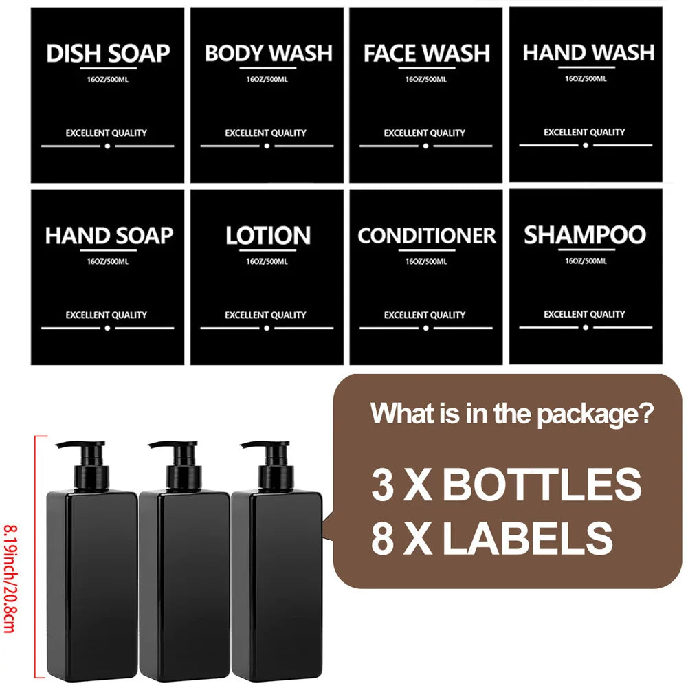 3 Piece 500ml Square Soap Dispenser Waterproof Labels Refillable Empty Bottle Hand Soap Liquid Lotion Shampoo Conditioner Container