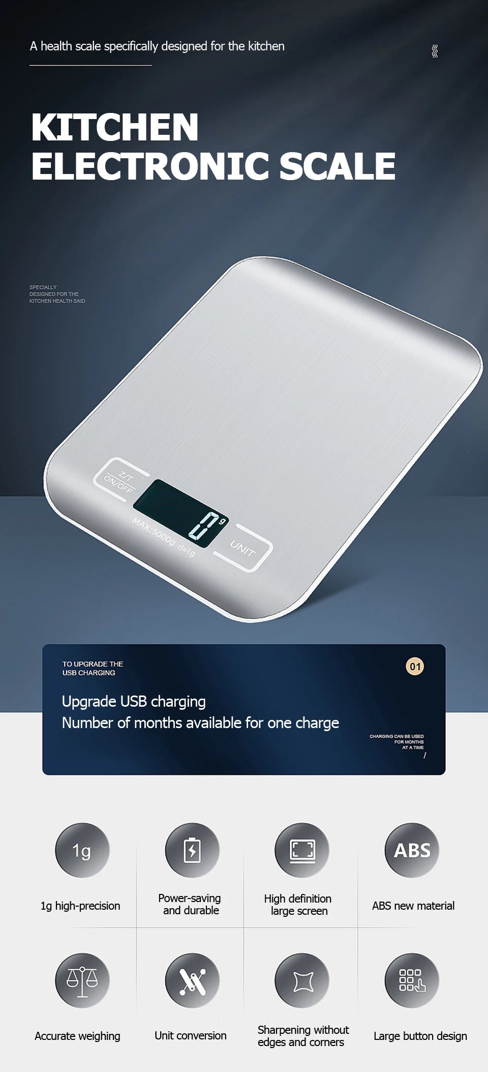 5kg/10kg Digital Kitchen Scale LCD Display Stainless Steel Electronic Scales Home Jewelry Food Snacks Weighing Baking Tools
