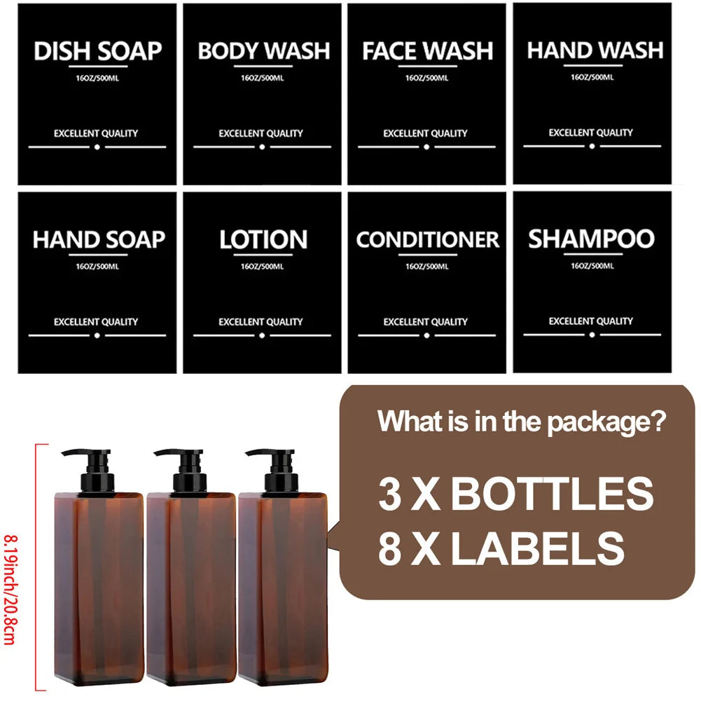 3 Piece 500ml Square Soap Dispenser Waterproof Labels Refillable Empty Bottle Hand Soap Liquid Lotion Shampoo Conditioner Container
