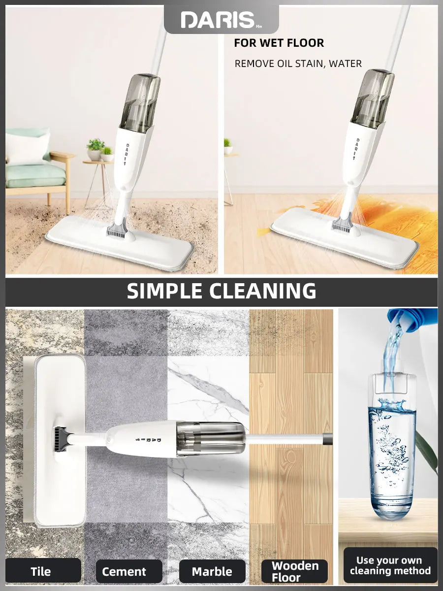 DARIS Spray Flat Mop With Reusable Microfibers Pads 360° Rotation Floor Cleaning Mop 500ML Big Capacity Square Triangle Bottle