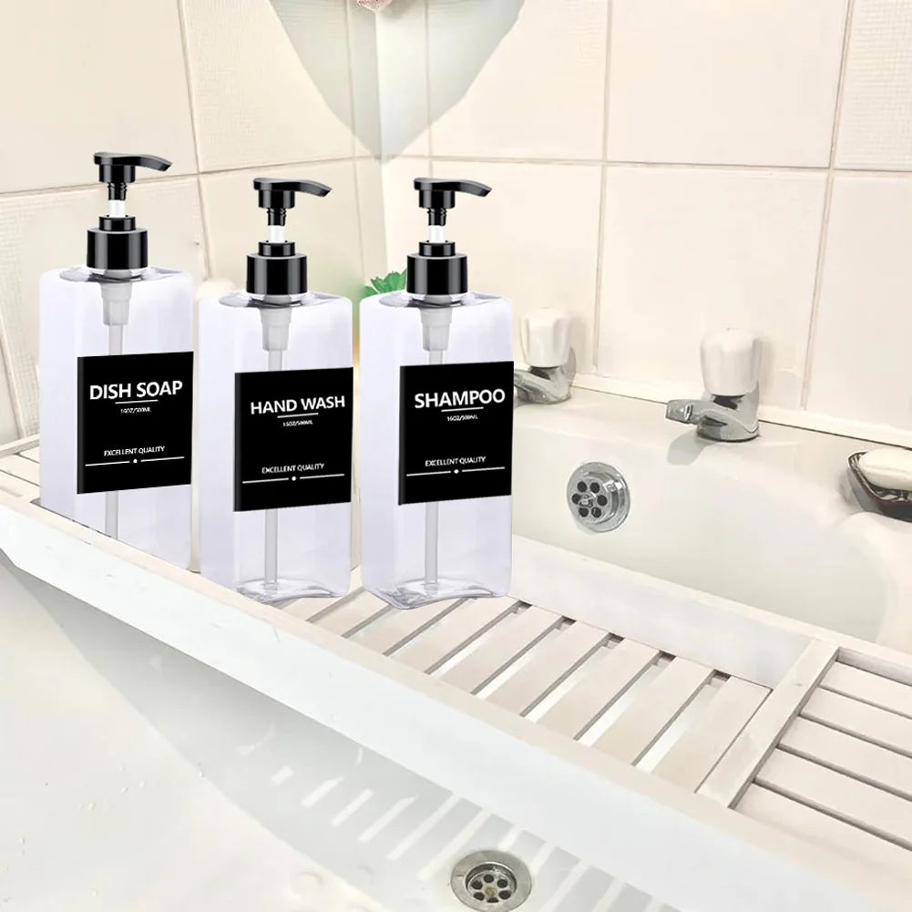 3 Piece 500ml Square Soap Dispenser Waterproof Labels Refillable Empty Bottle Hand Soap Liquid Lotion Shampoo Conditioner Container