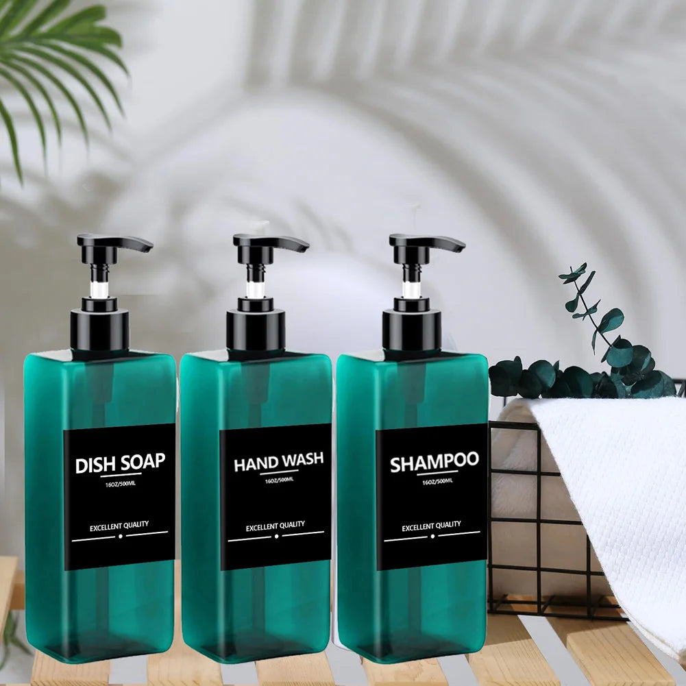 3 Piece 500ml Square Soap Dispenser Waterproof Labels Refillable Empty Bottle Hand Soap Liquid Lotion Shampoo Conditioner Container