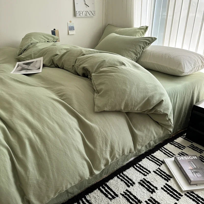 Bed Linen Solid Cotton Bedding Set with Sheet Duvet Cover Pillowcases Single Couple Bedsheet King Queen Double Twin Size