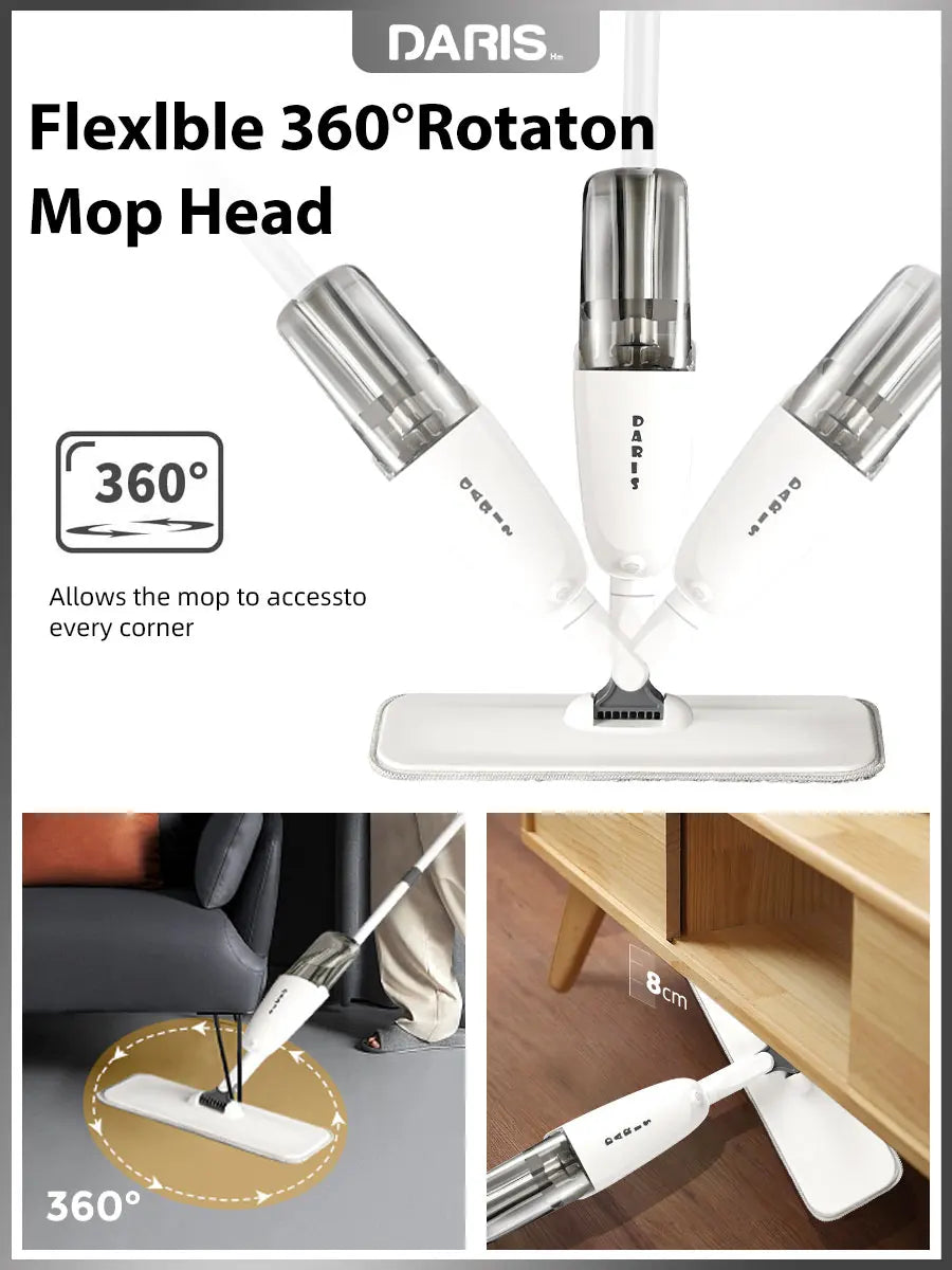 DARIS Spray Flat Mop With Reusable Microfibers Pads 360° Rotation Floor Cleaning Mop 500ML Big Capacity Square Triangle Bottle