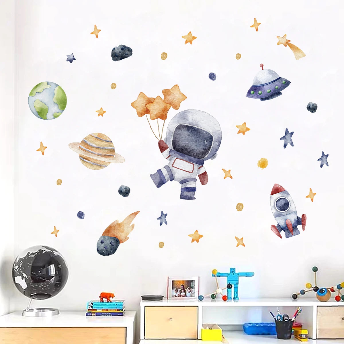 Cartoon Astronaut Planet Moon Star Wall Stickers for Kids Room Background Bedroom Decoration Living Room Home Decor Wall Decal