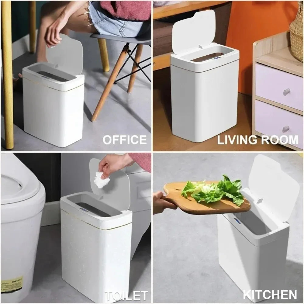 Smart Bathroom Trash Can Automatic Bagging Electronic Trash Can White Touchless Narrow Smart Sensor Garbage Bin Smart Home