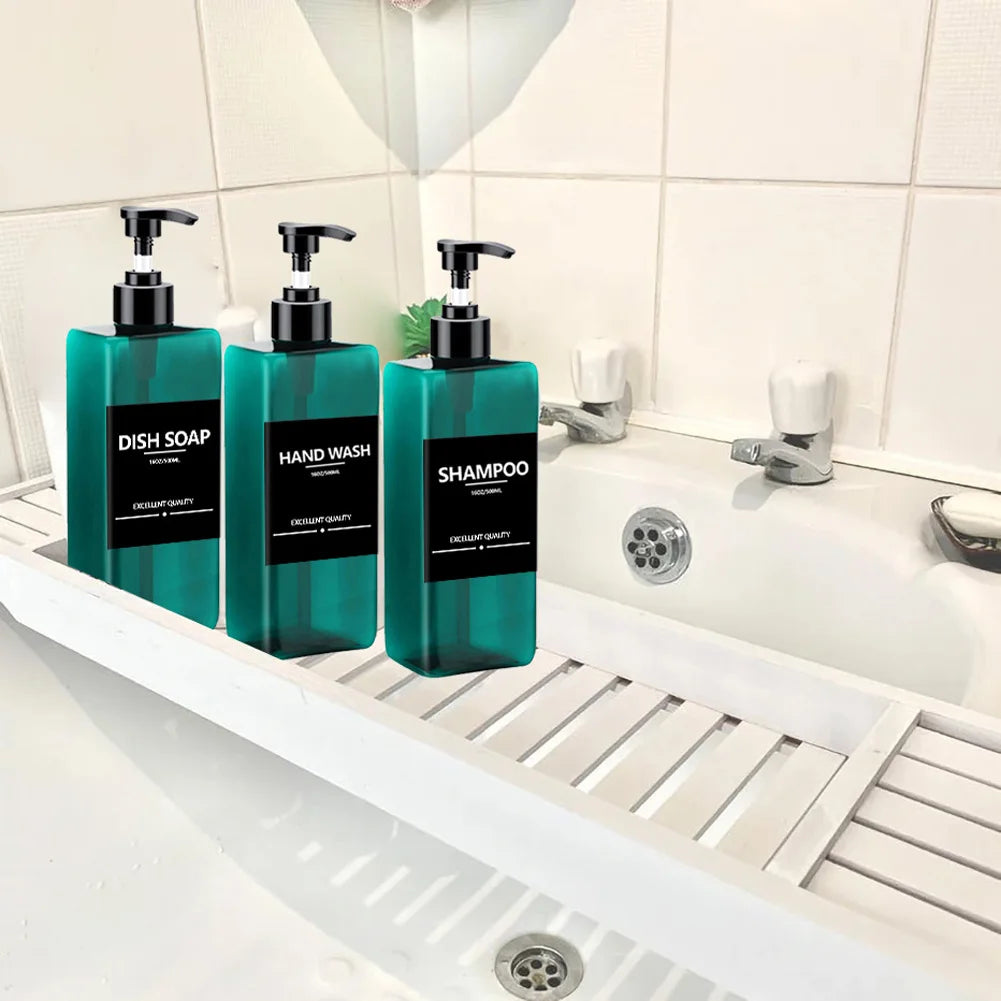 3 Piece 500ml Square Soap Dispenser Waterproof Labels Refillable Empty Bottle Hand Soap Liquid Lotion Shampoo Conditioner Container