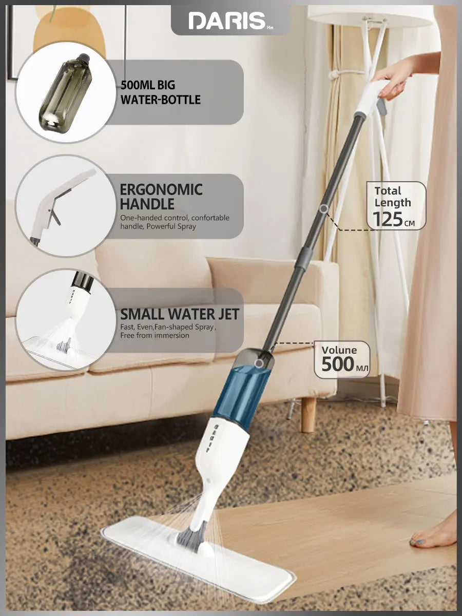 DARIS Spray Flat Mop With Reusable Microfibers Pads 360° Rotation Floor Cleaning Mop 500ML Big Capacity Square Triangle Bottle