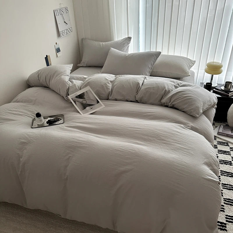 Bed Linen Solid Cotton Bedding Set with Sheet Duvet Cover Pillowcases Single Couple Bedsheet King Queen Double Twin Size
