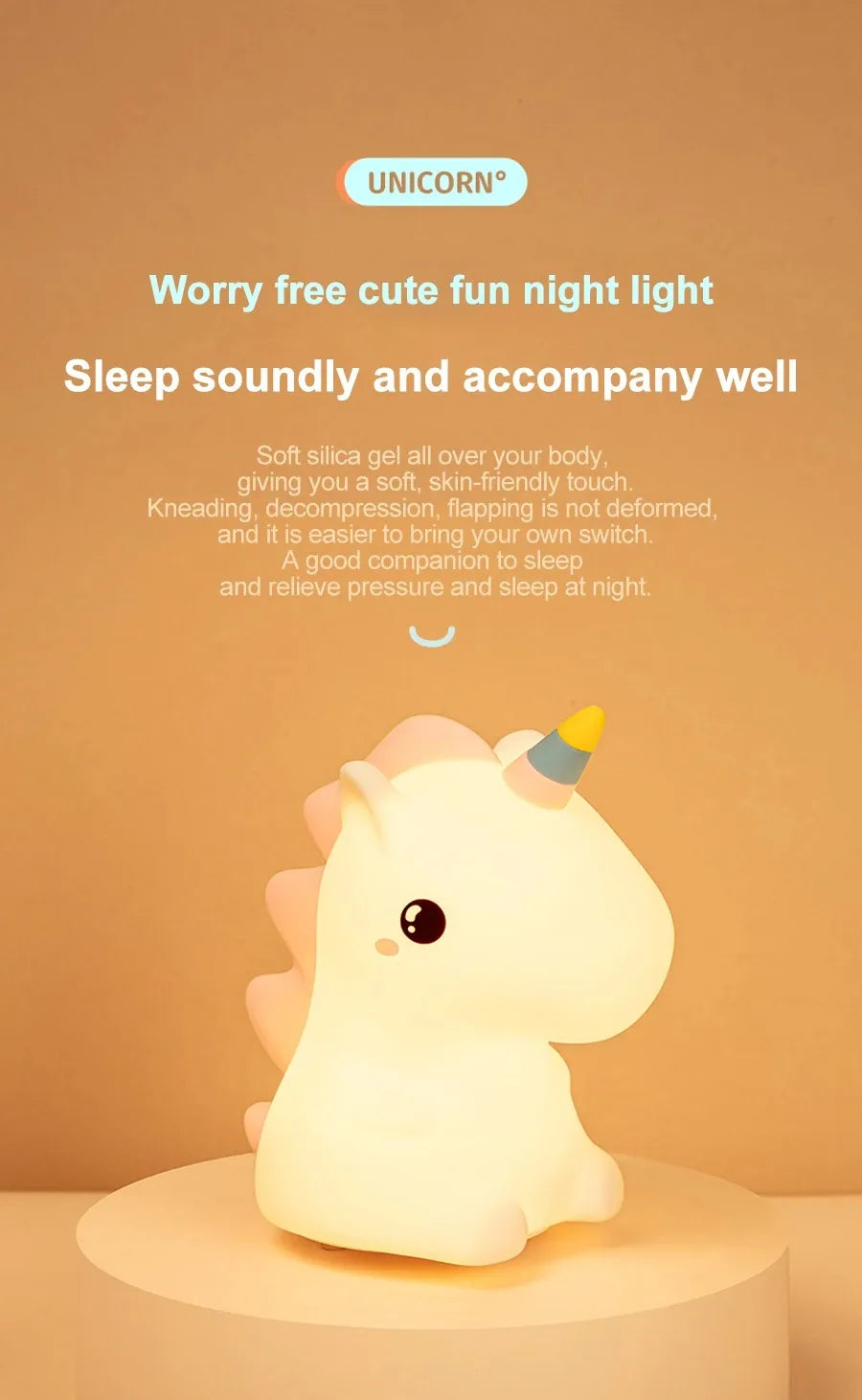 Unicorn Cute Silicone LED Night Light For Kids Children USB Rechargeable Cartoon Animal Bedroom Decor Touch Night Lamp for Gifts
