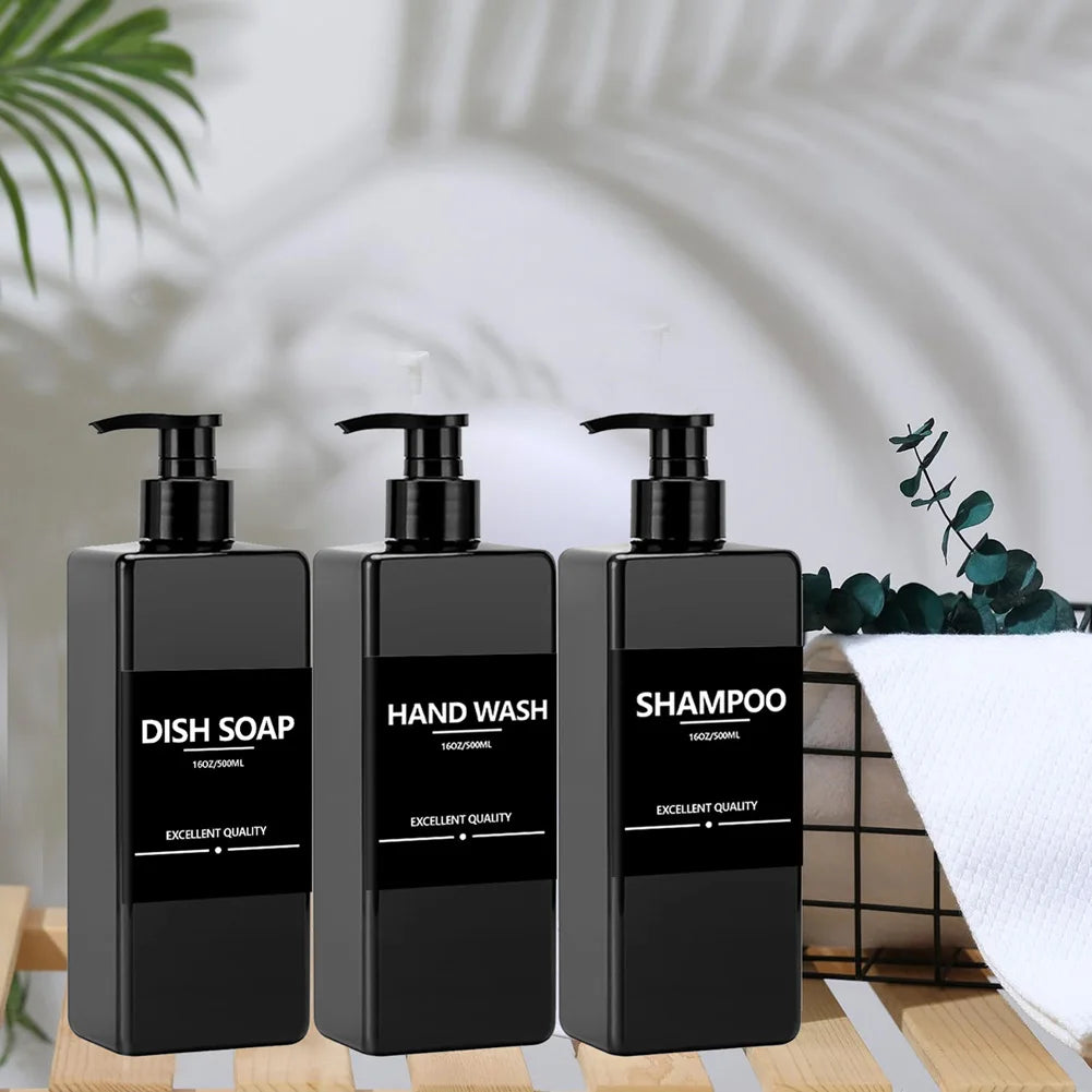 3 Piece 500ml Square Soap Dispenser Waterproof Labels Refillable Empty Bottle Hand Soap Liquid Lotion Shampoo Conditioner Container