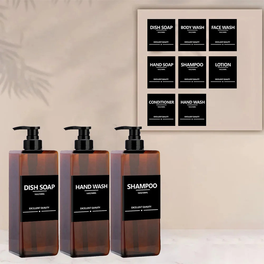 3 Piece 500ml Square Soap Dispenser Waterproof Labels Refillable Empty Bottle Hand Soap Liquid Lotion Shampoo Conditioner Container