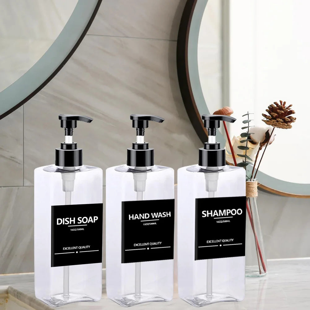3 Piece 500ml Square Soap Dispenser Waterproof Labels Refillable Empty Bottle Hand Soap Liquid Lotion Shampoo Conditioner Container