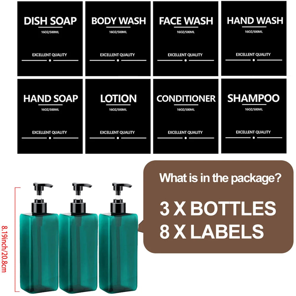 3 Piece 500ml Square Soap Dispenser Waterproof Labels Refillable Empty Bottle Hand Soap Liquid Lotion Shampoo Conditioner Container