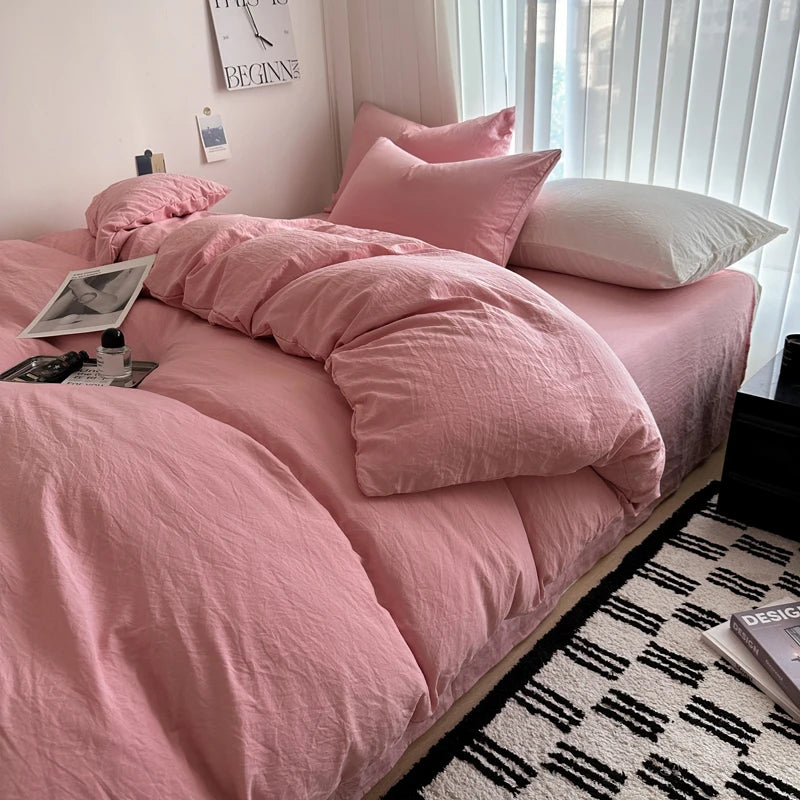 Bed Linen Solid Cotton Bedding Set with Sheet Duvet Cover Pillowcases Single Couple Bedsheet King Queen Double Twin Size