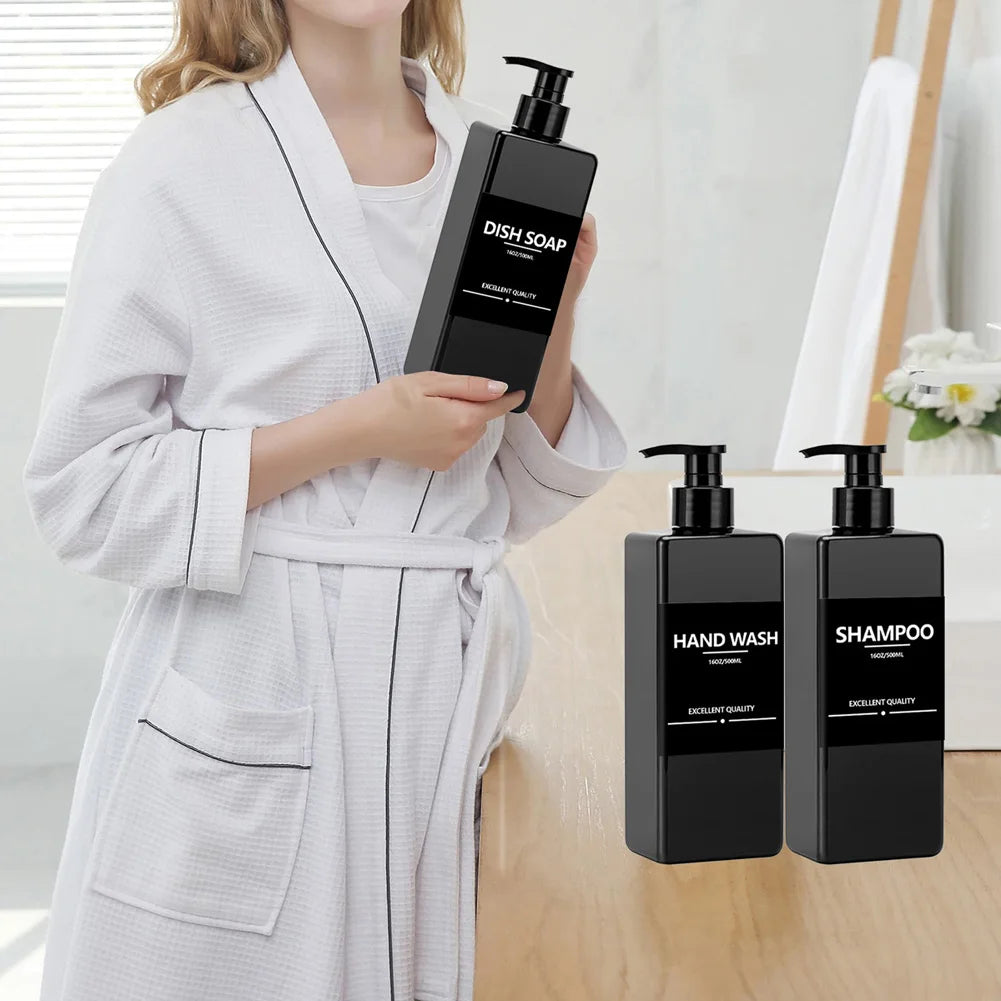 3 Piece 500ml Square Soap Dispenser Waterproof Labels Refillable Empty Bottle Hand Soap Liquid Lotion Shampoo Conditioner Container