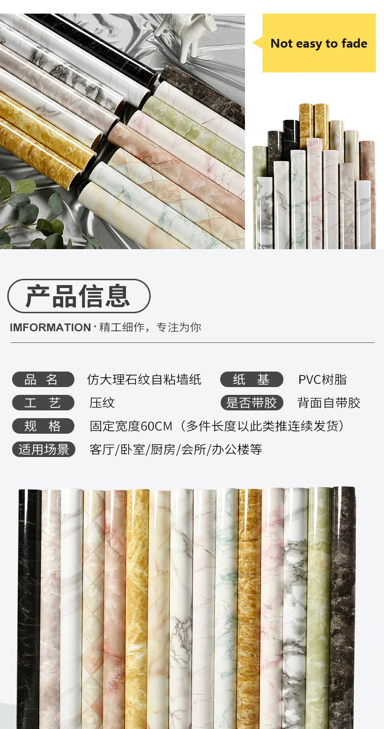 Marble Vinyl Film DIY Self Adhesive Wallpaper Bathroom Kitchen Cupboard Countertops Contact Paper PVC Waterproof Wall Stickers