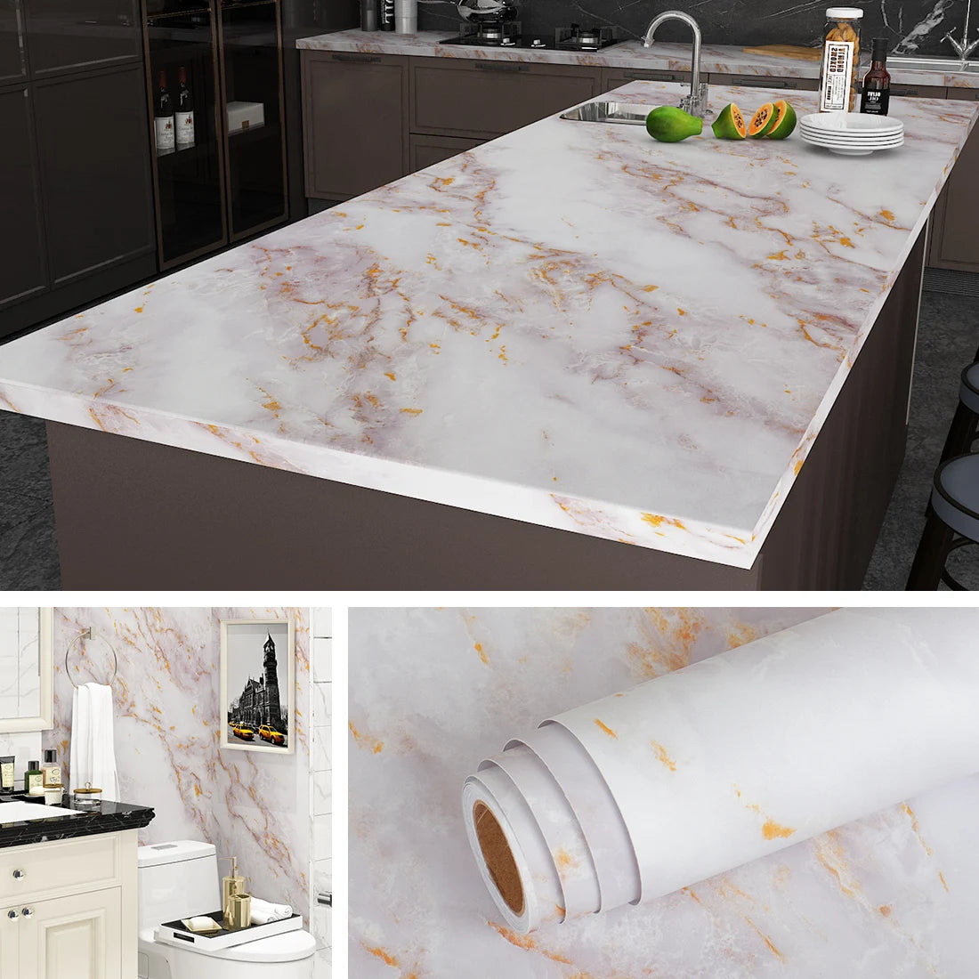 Marble Vinyl Film DIY Self Adhesive Wallpaper Bathroom Kitchen Cupboard Countertops Contact Paper PVC Waterproof Wall Stickers