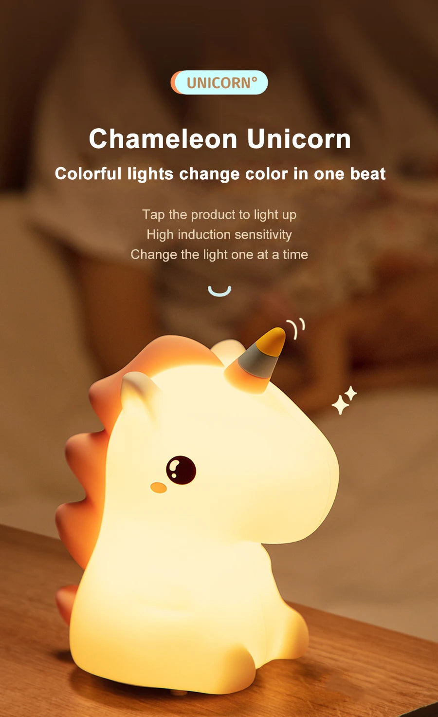 unicorn Cute Silicone LED Night Light For Kids children USB Rechargeable Cartoon Animal bedroom decor Touch Night Lamp for gifts