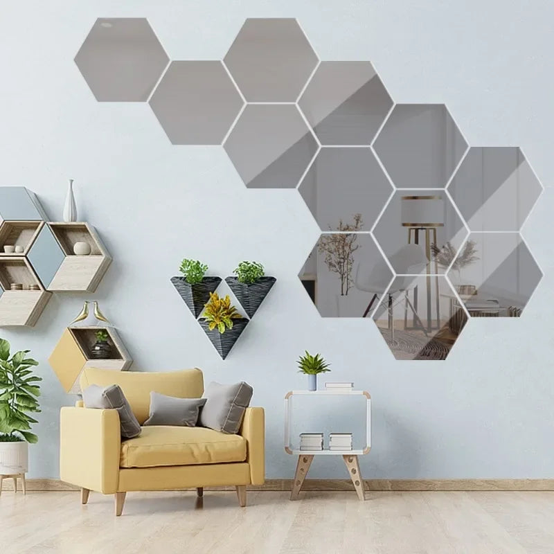1/60pcs Hexagon Mirror Sticker 3D Mirror Acrylic Wall Stickers Self Adhesive Decals DIY Bedroom Living Room Bathroom Home Decor