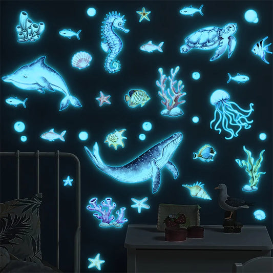 Luminous Ocean Animal Wall Sticker For Kids Bedroom Decor Baby Room Fluorescent Night Llight Whale Sticker Shines In The Dark