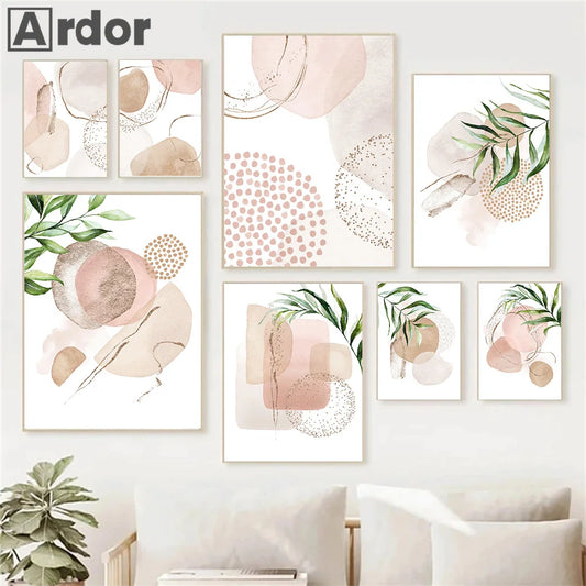 Modern Abstract Beige Pink Geometric Green Leaf Minimalist Poster Canvas Painting Boho Wall Art Print Pictures Living Room Decor