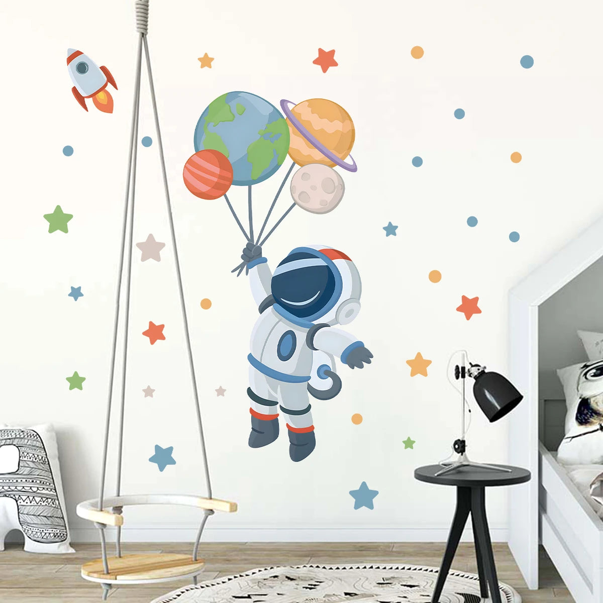 Cartoon Astronaut Planet Moon Star Wall Stickers for Kids Room Background Bedroom Decoration Living Room Home Decor Wall Decal