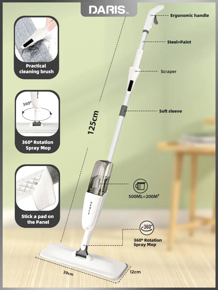 DARIS Spray Flat Mop With Reusable Microfibers Pads 360° Rotation Floor Cleaning Mop 500ML Big Capacity Square Triangle Bottle