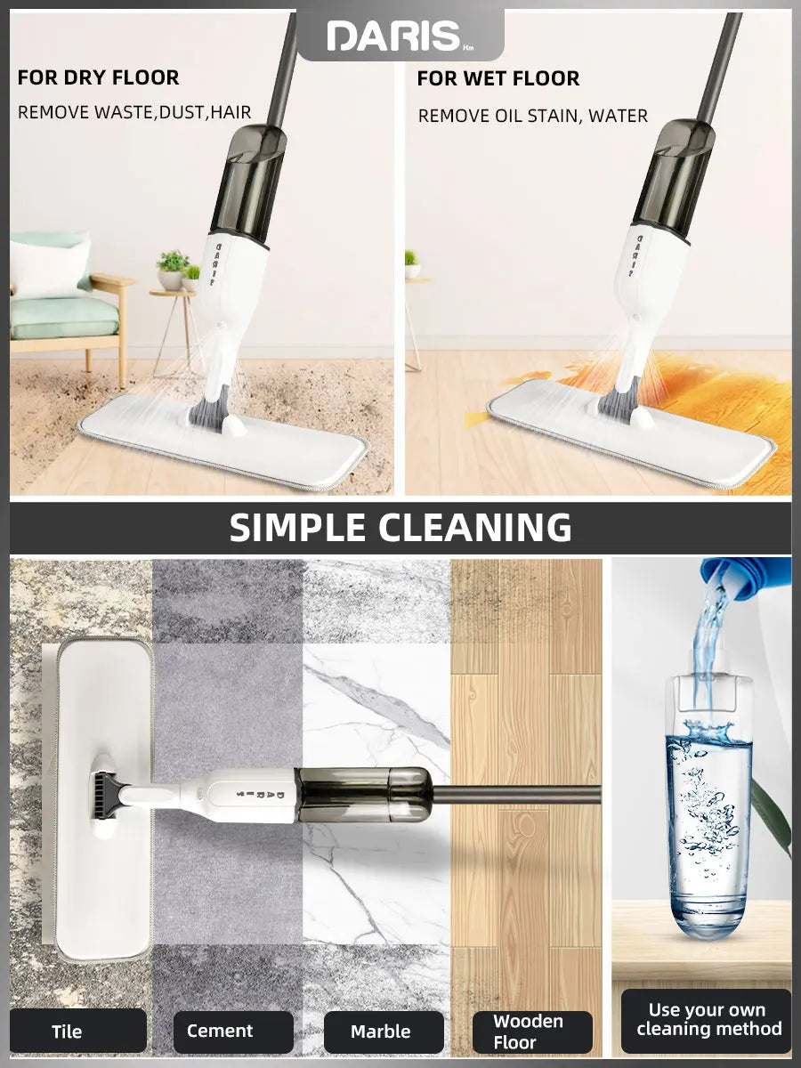 DARIS Spray Flat Mop With Reusable Microfibers Pads 360° Rotation Floor Cleaning Mop 500ML Big Capacity Square Triangle Bottle
