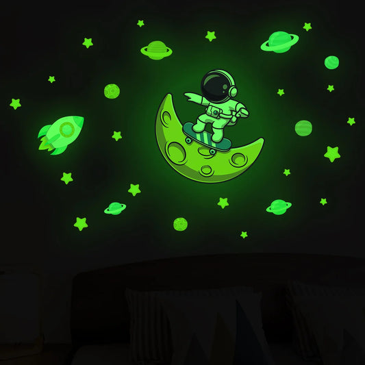 1Pc Cartoon Astronaut Moon Planet Glowing Wall Stickers Baby Kids Room Decor for Bedroom Decoration Living Room Wall Decals