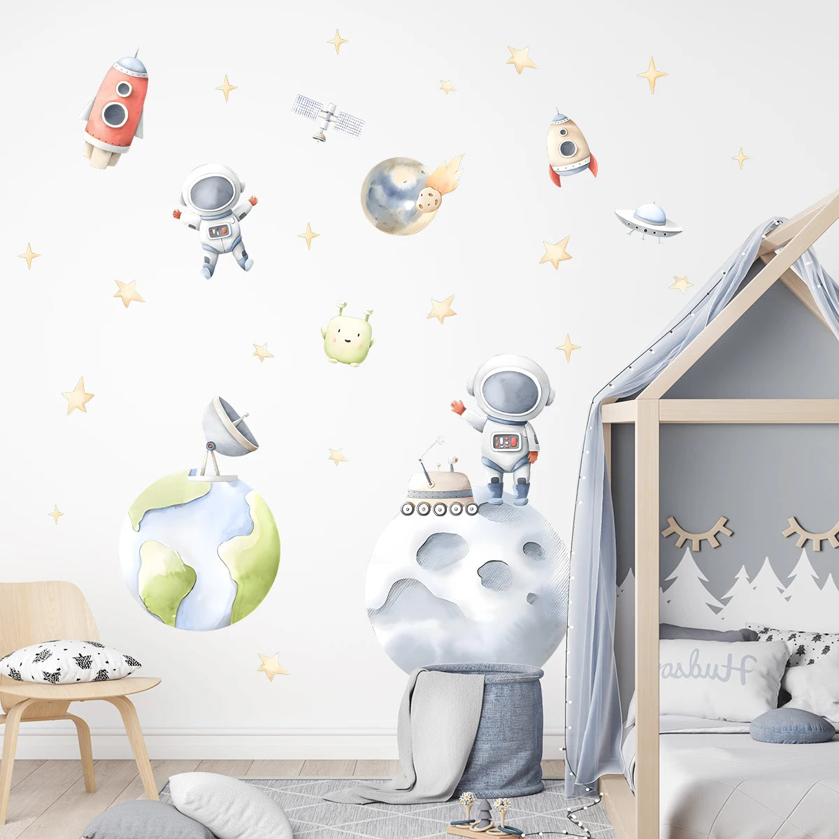 Cartoon Astronaut Planet Moon Star Wall Stickers for Kids Room Background Bedroom Decoration Living Room Home Decor Wall Decal