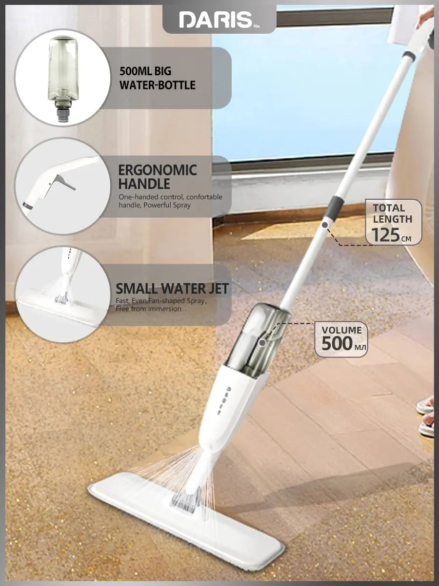 DARIS Spray Flat Mop With Reusable Microfibers Pads 360° Rotation Floor Cleaning Mop 500ML Big Capacity Square Triangle Bottle