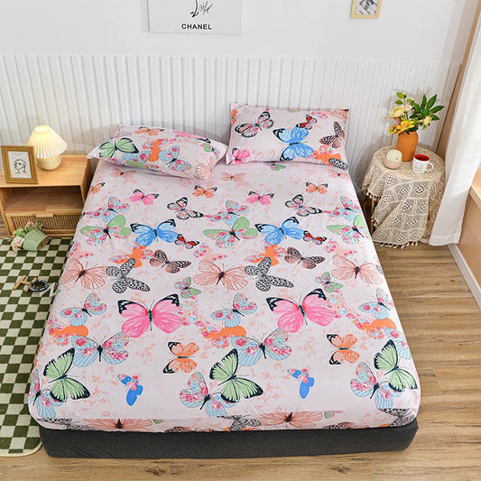 Twin Fitted Bed Sheet with Elastic Blue Flower Printed Bed Cover Single/Queen/King Bed Linen Reactive Printed Mattress Cover 180