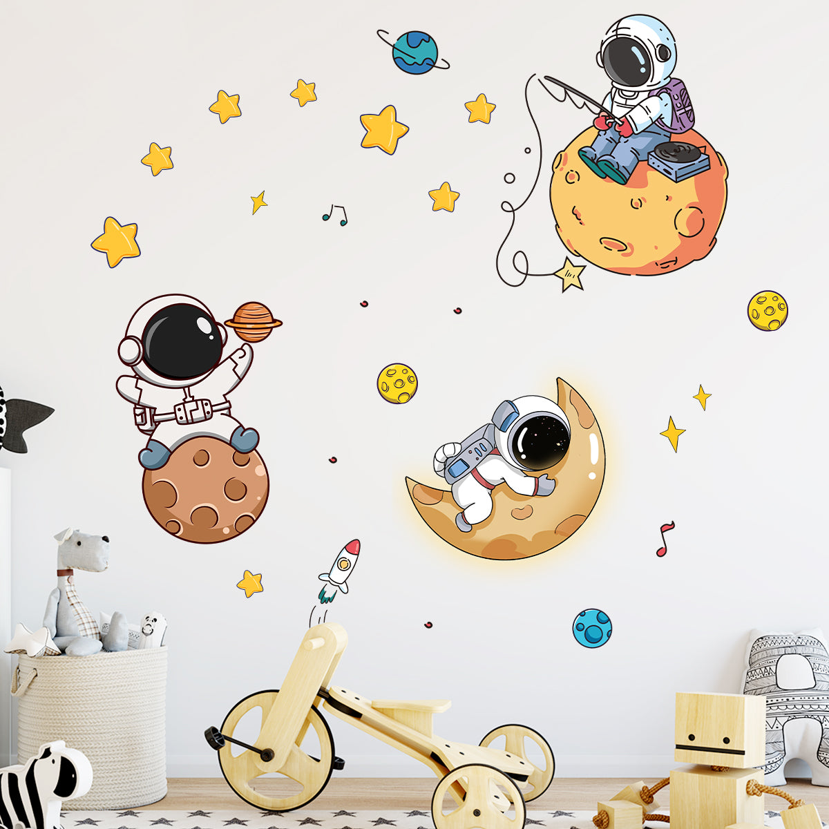 Cartoon Astronaut Planet Moon Star Wall Stickers for Kids Room Background Bedroom Decoration Living Room Home Decor Wall Decal