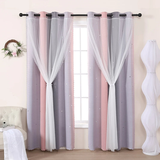 Grey and Pink Gradient Hollow Out Stars Perforated Curtains, Girls Bedroom Living Room Semi-Blackout Decorative Curtains