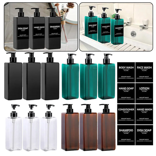 3 Piece 500ml Square Soap Dispenser Waterproof Labels Refillable Empty Bottle Hand Soap Liquid Lotion Shampoo Conditioner Container