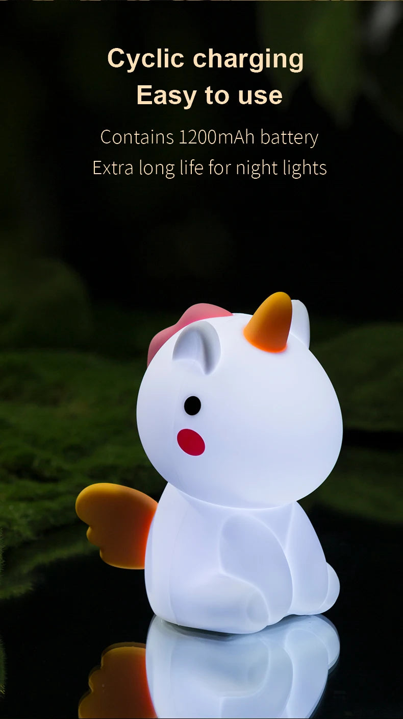 unicorn Cute Silicone LED Night Light For Kids children USB Rechargeable Cartoon Animal bedroom decor Touch Night Lamp for gifts
