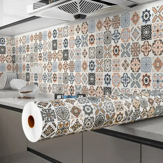 Tile 3D European style Oil Proof  Waterproof Kitchen Wallpaper Home Decor  Wall Self Adhesive PVC Wallpaper Kitchen Door Sticker