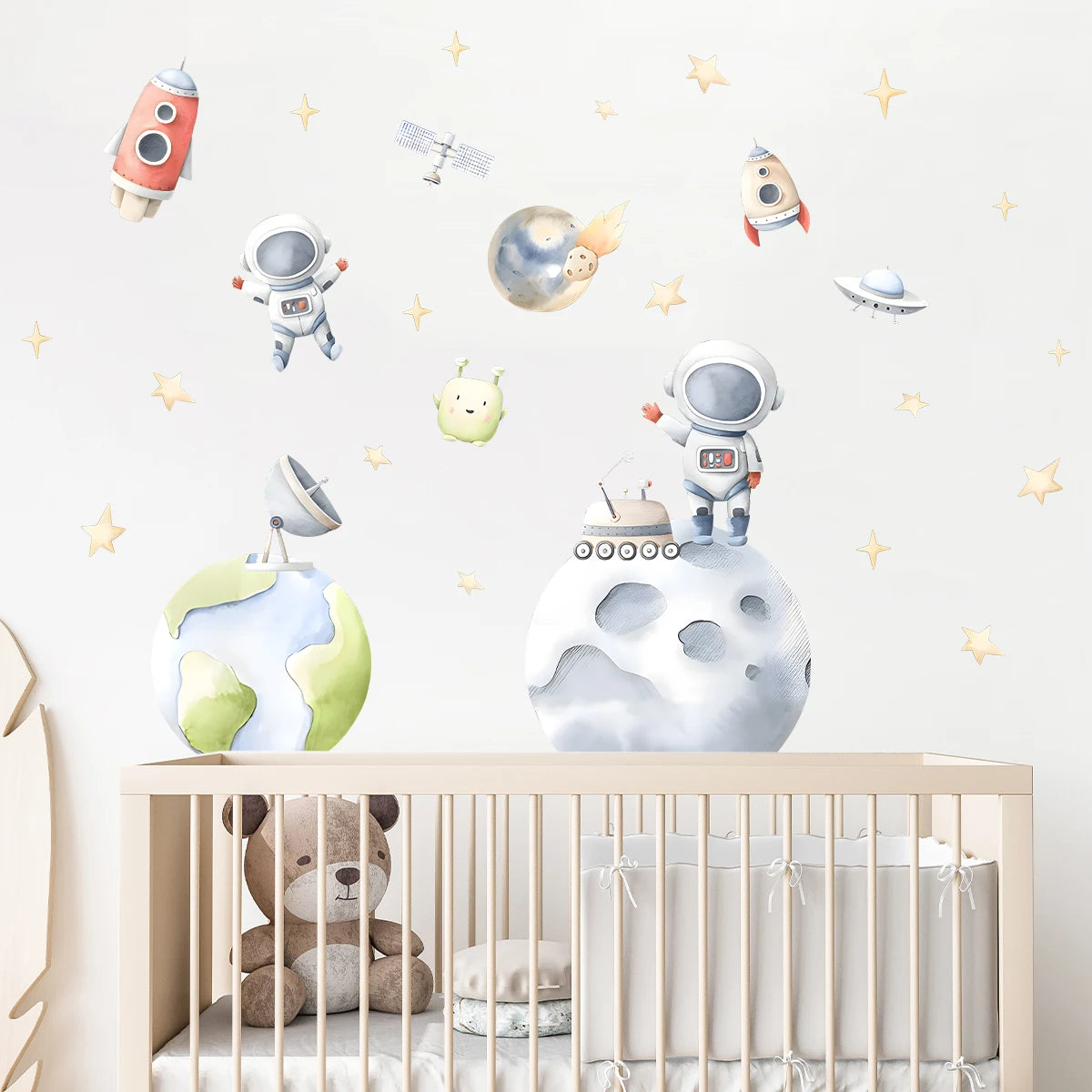 Cartoon Astronaut Planet Moon Star Wall Stickers for Kids Room Background Bedroom Decoration Living Room Home Decor Wall Decal