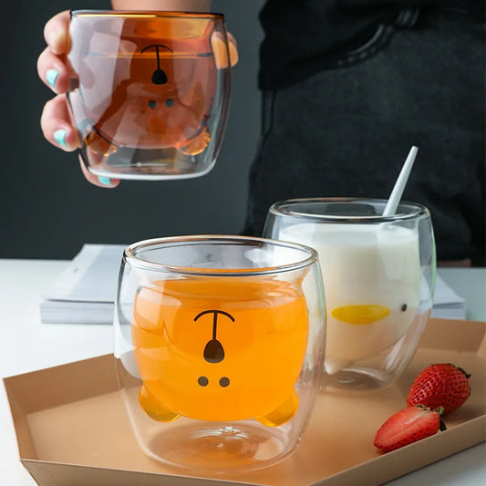 Insulated Double Wall Glass Mug Bear Cat Dog Animal Transparent Glass Cup Milk Coffee Cup Juice Cup Birthday Party Xmas Gift