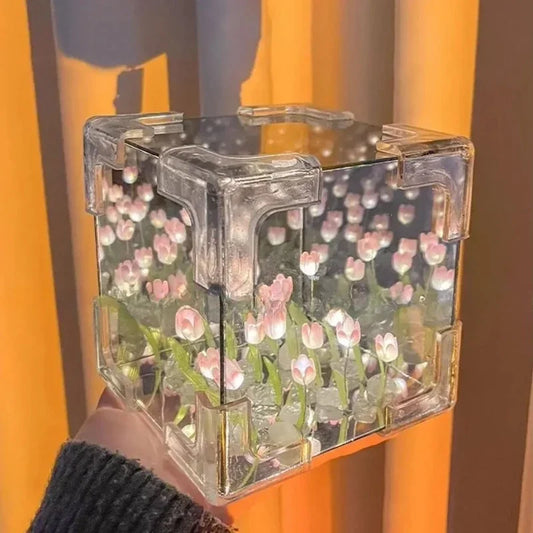 Hot Tulip Nightlight Handmade DIY Material Cube Tulip Mirror Bedroom Decor Atmosphere Lamp Valentine's Day Birthday Gift