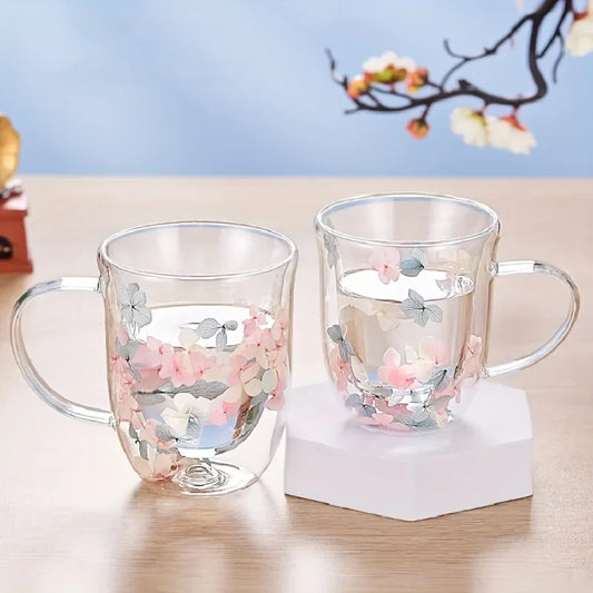 1pc 220ml 320ml Floral Glass Coffee Mug Double-Walled Tea Cup With Artificial Flower Handwash Only Glassware For Home And Office