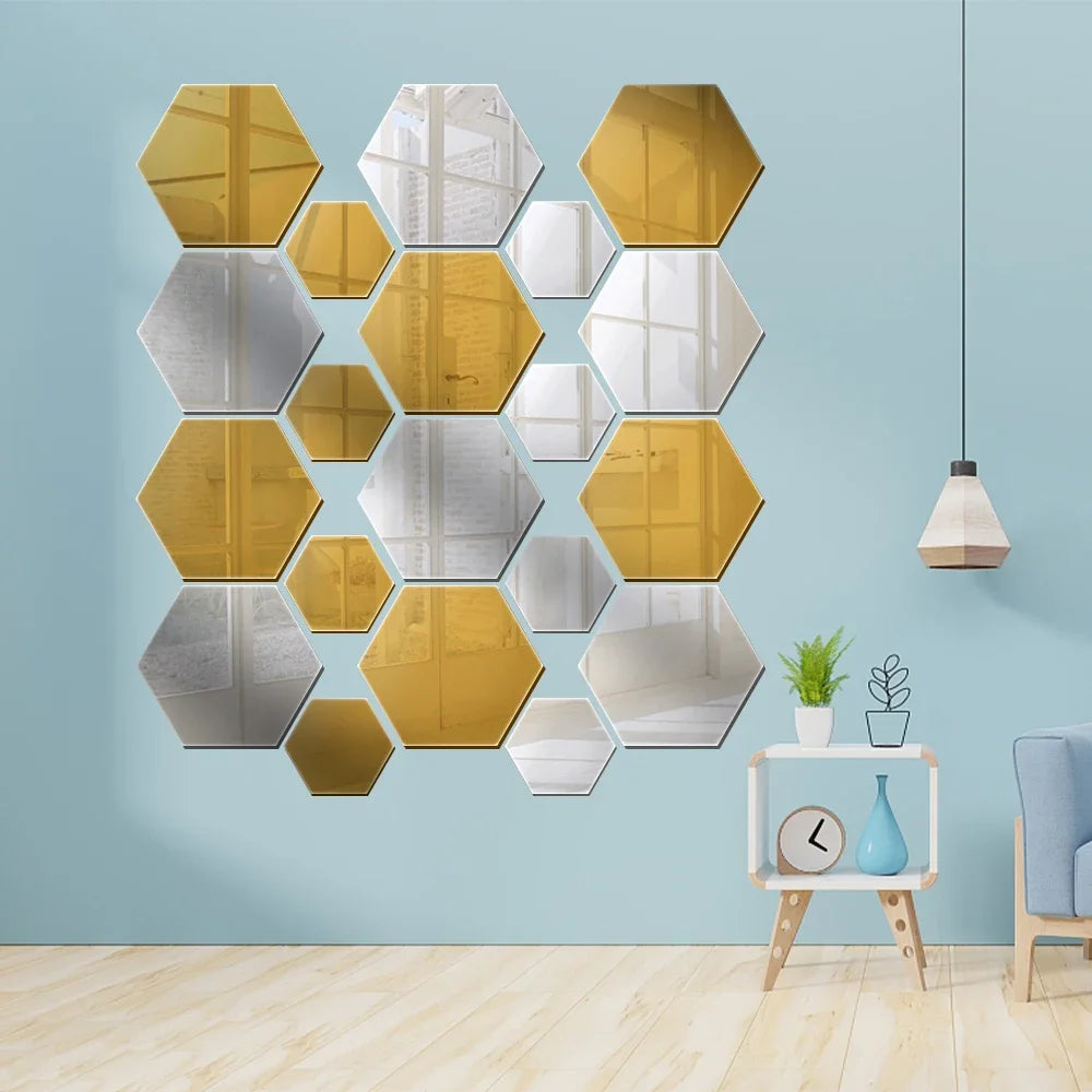 1/60pcs Hexagon Mirror Sticker 3D Mirror Acrylic Wall Stickers Self Adhesive Decals DIY Bedroom Living Room Bathroom Home Decor