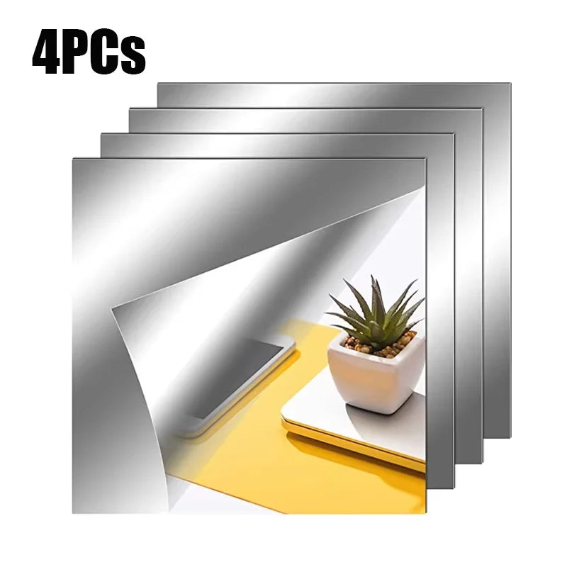4PCs 3D Mirror Wall Stickers Self-adhesive Mirror Stickers Thicken 2mm Flexible DIY Art Acrylic Mirror Living Room Decoration