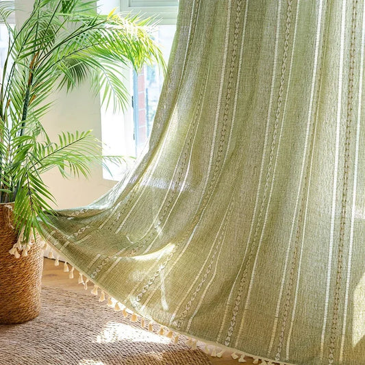 Sage Green Boho Farmhouse Curtains for Bedroom Living Room Country Spring Cute Textured Window Curtain 1 Panels Tassel Draperies