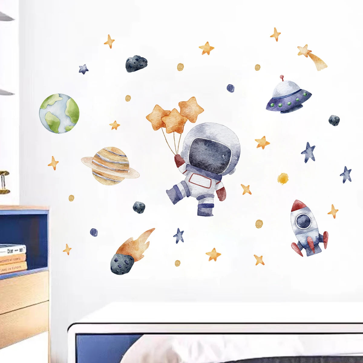 Cartoon Astronaut Planet Moon Star Wall Stickers for Kids Room Background Bedroom Decoration Living Room Home Decor Wall Decal