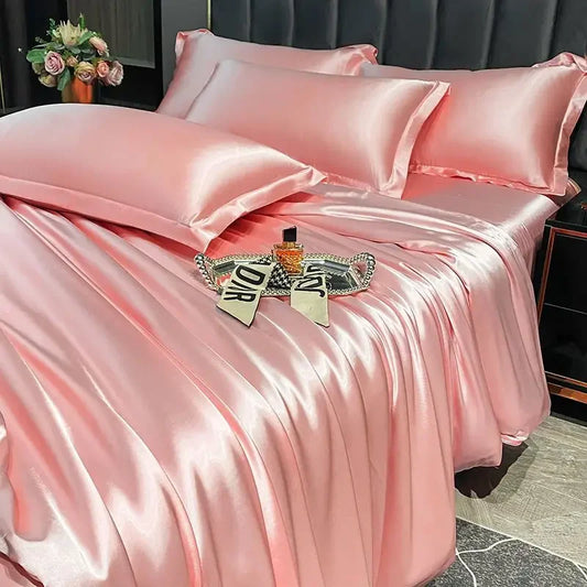 Nordic Silk Bedding Set with Duvet Cover Bed Sheet Pillowcase Luxury Couple Single Double Summer 1/2 People Solid Bedsheet