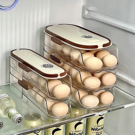 Large Egg Holder for Fridge Automatic Rolling Egg Organizer Clear Plastic Egg Container Stackable Egg Dispenser and Storage Bin