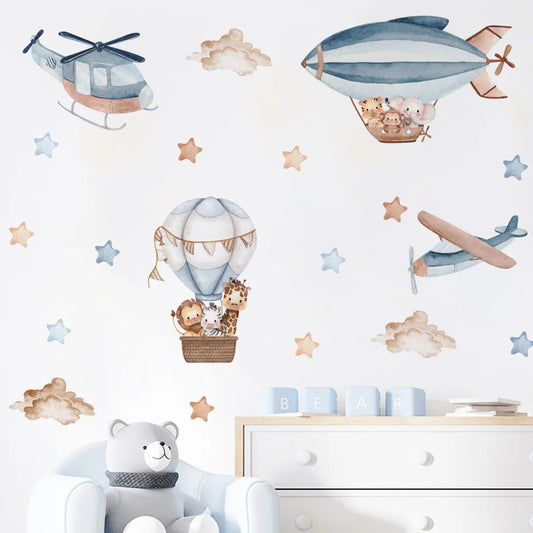Watercolor Animals Hot Air Balloon Clouds Wall Stickers for Kids Room Baby Nursery Room Wall Decals Boy Room Stickers Wall Decal